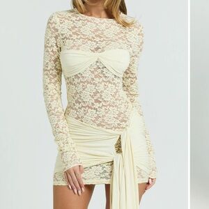 Lioness Midnight Mini Dress - yellow lace long sleeve dress